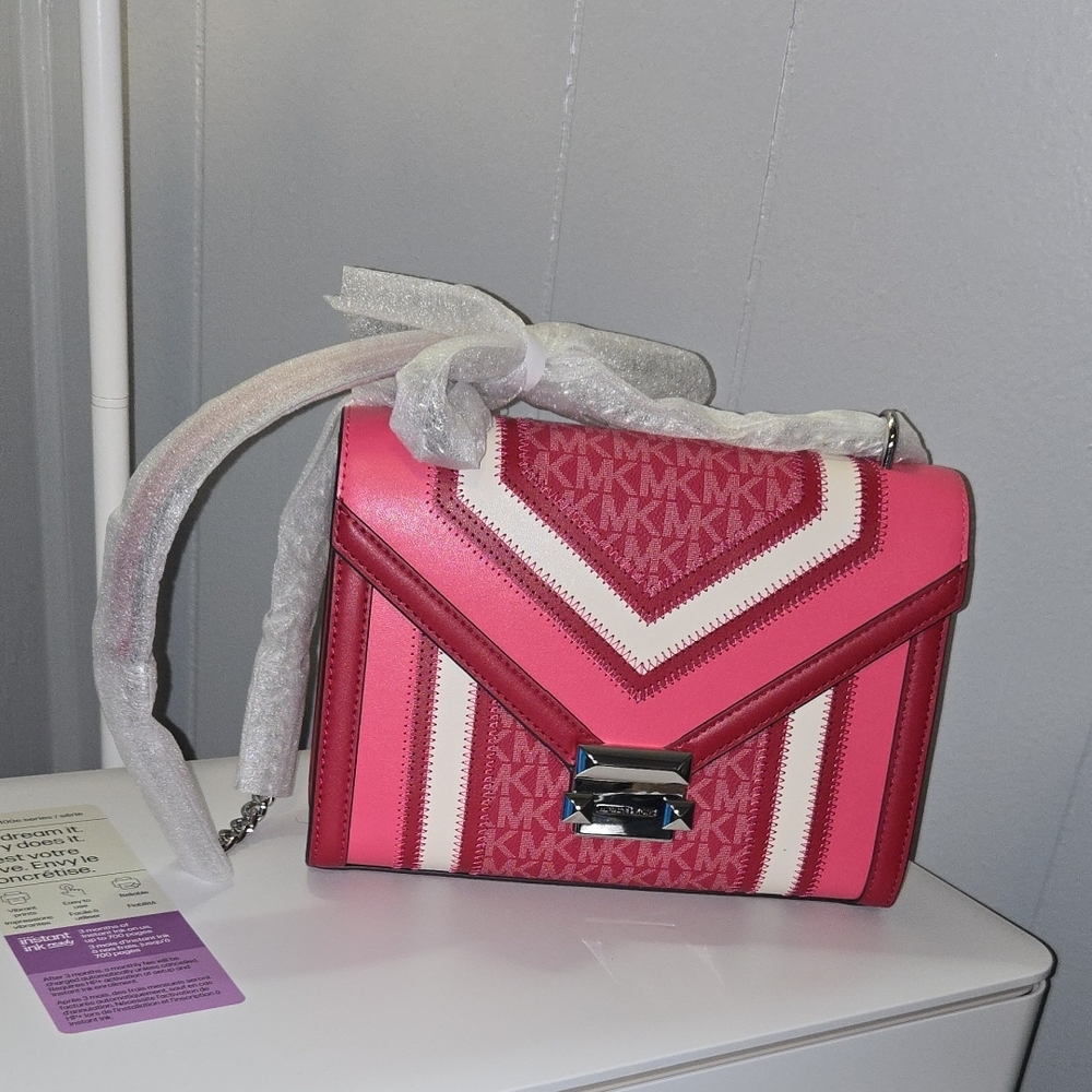 Michael Kors Vivid Pink and Red Whitney Color Block Crossbody Bag